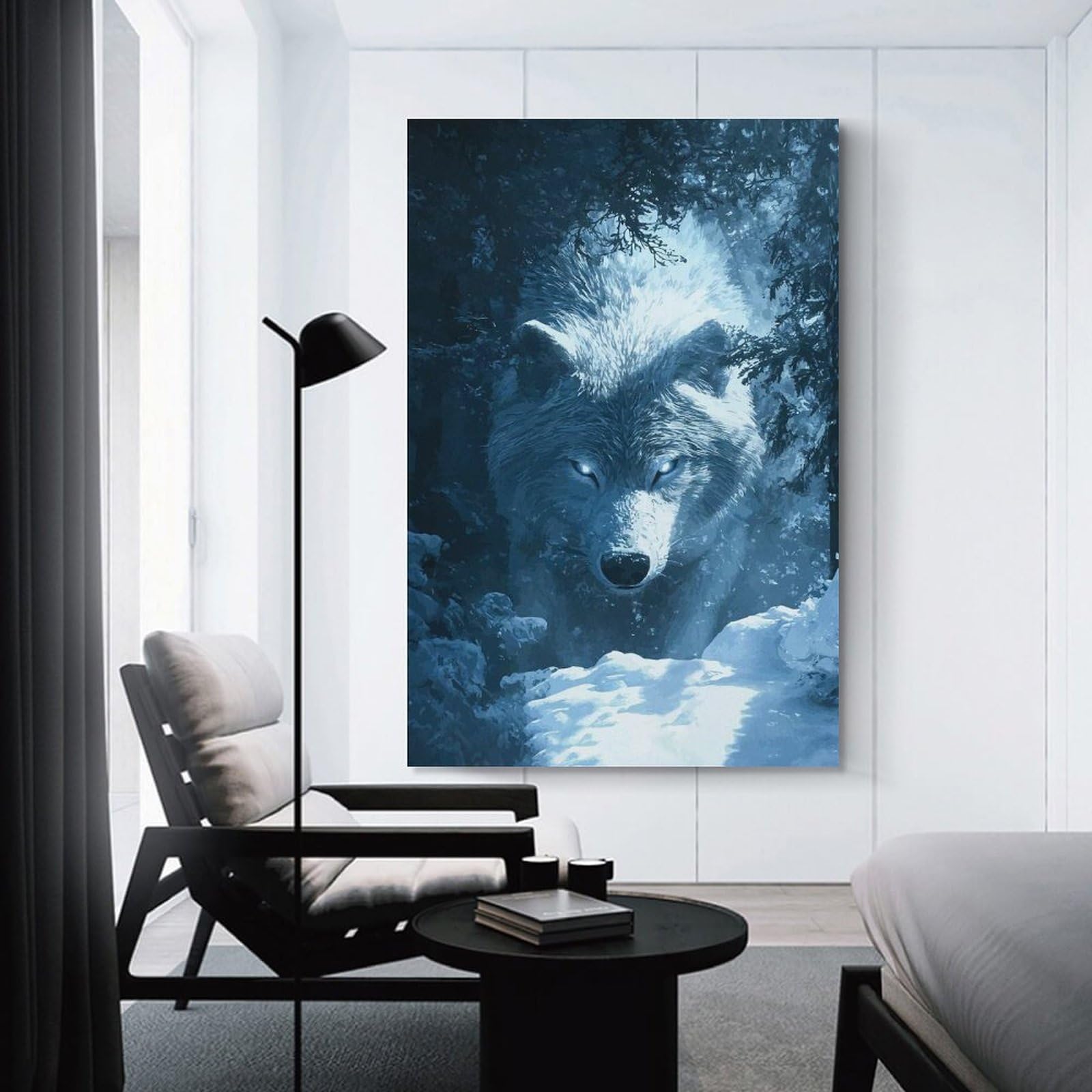 Junmoney White Wolf in Snowy Forest Canvas Wall Art, 20x30inch(50x75cm), for Workspace Walls, Study Corners Or Bedrooms, An Interior Accent for Desk Areas