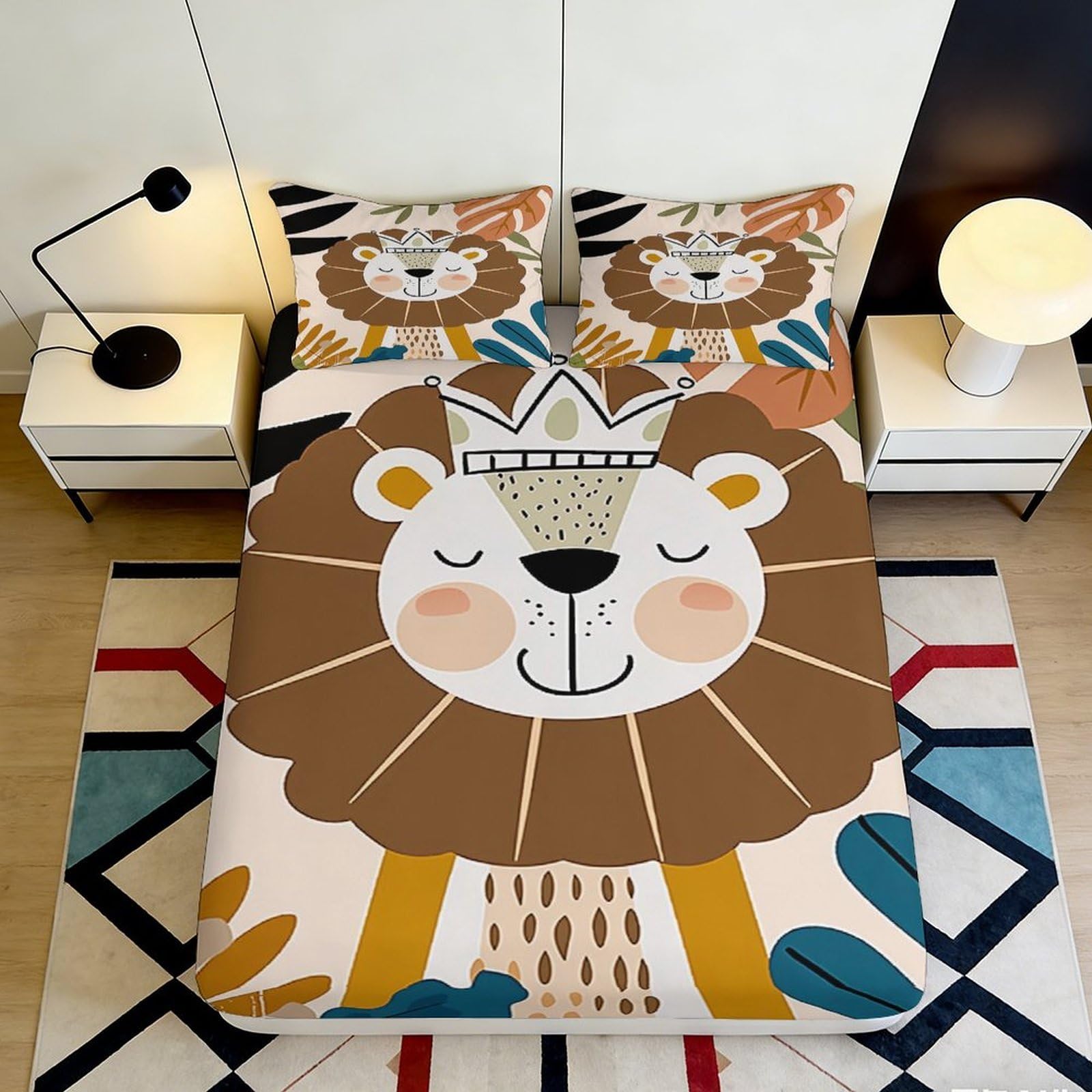 3D Printed Lion Head Fitted Sheet Microfiber, Geometric Safari Bed Cover for Bedroom, Dorm and Guest Room Decor 90x200x25cm