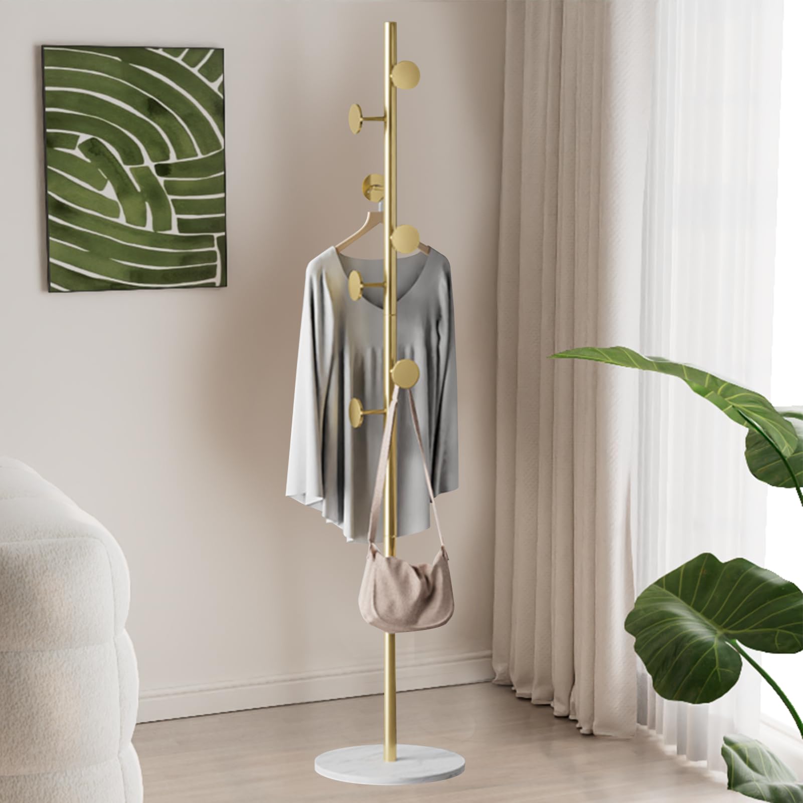 DAYONG Free-standing Coat Rack with Hooks, Multifunction Metal Clothes Garment Rack, Stand with Stable Round Base For Clothes,Bags,Hats,Scarves,Backpacks in Bedroom Entryway Hallway Office (Gold)