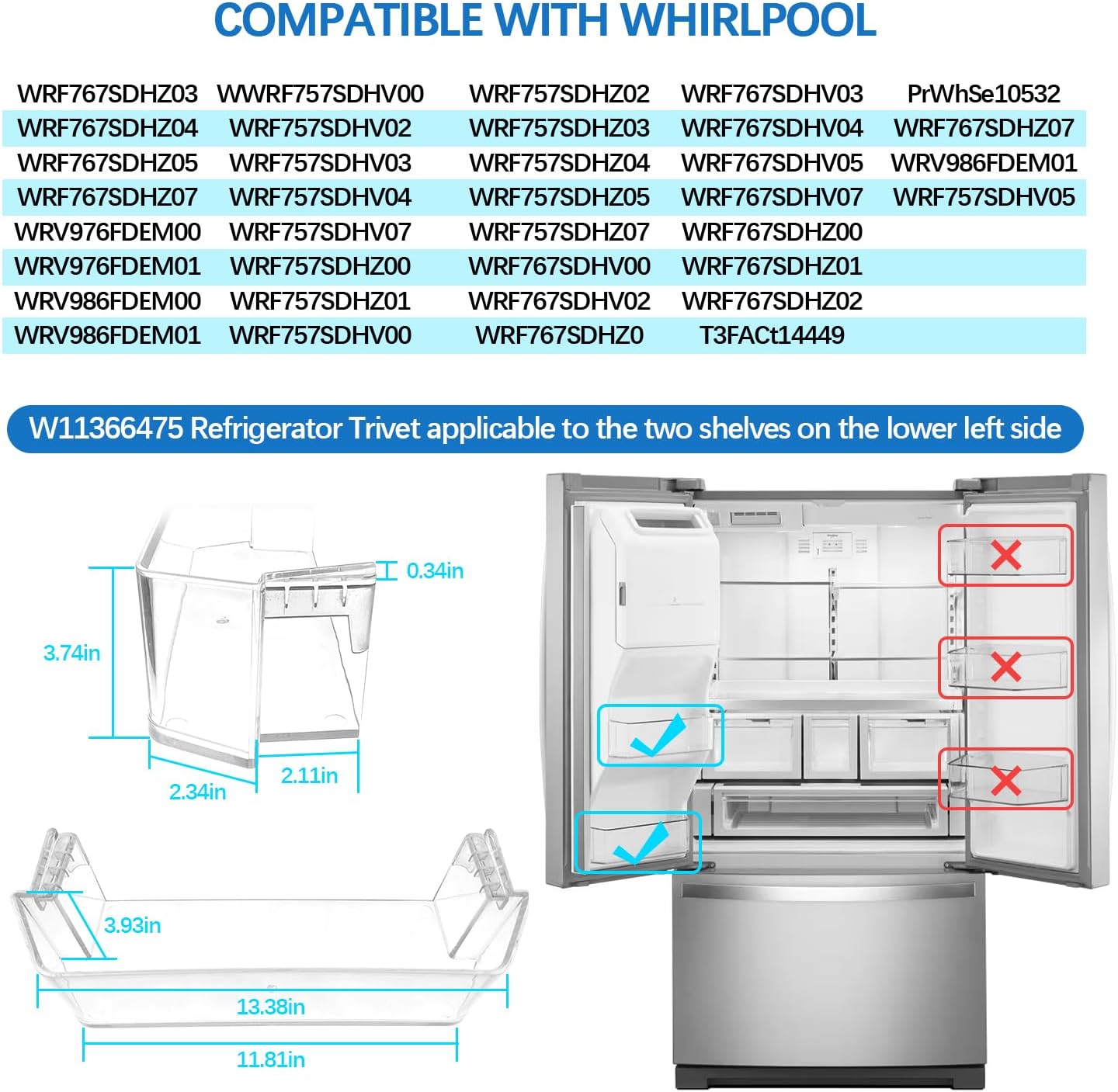 Upgraded W11366475 Refrigerator Door Shelf Bin (Left Door) Compatible with Whirlpool WRF767SDHZ / WRF757SDHZ Series Replaces W10728185 Clear Plastic Door Bin Replacement