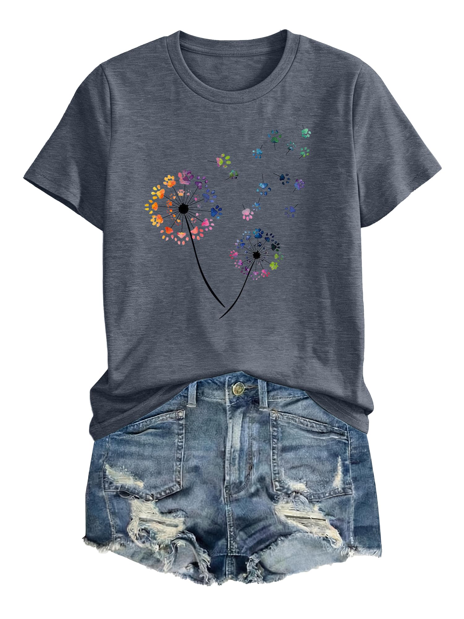 Anbech Women Dandelion Print T Shirts Summer Short Sleeve Graphic Tees | Cute Dandelion Paw Print Tshirt Casual Crewneck Loose Fit Flower T-shirts Teen Girls Colorful Comfy and Soft Daily Wear