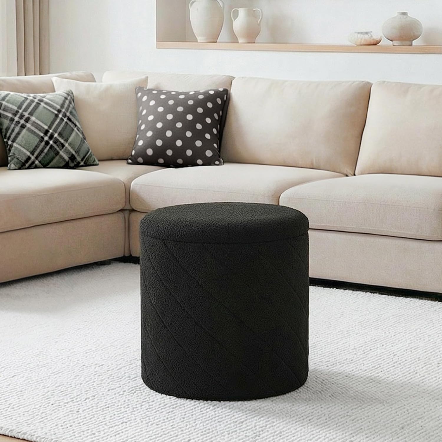 Round Ottoman with Storage - Foldable Stylish Coffee Table for Living Room & Bedroom - Space-Saving Ideal for Home Decor and Organization for Families & Individuals-Black
