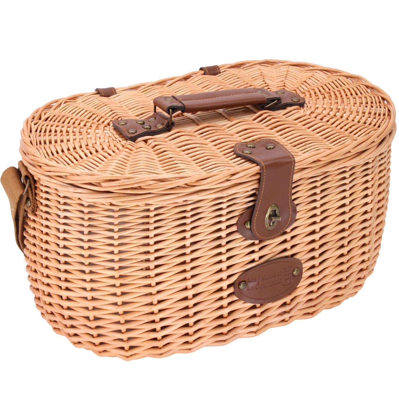 Les Jardins de la Comtesse - Panier Pique-Nique Isotherme Vendôme Naturel - Tressé en Osier pour 4 Personnes - Assiettes Légères/Verres à Vin en Verre/Panier Eco-Responsable - Beige - 47x33x21cm