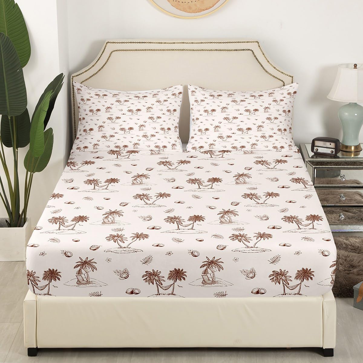 Coconut Tree Fitted Sheet Twin Size,Romantic Hawaii Theme Bedding Set for Kids Girls Boys Room Decor,Light Brown Palm Leaves Nature Summer Sheet Set 2Pcs,Tropical Holiday Bed Sheet,1 Pillowcase