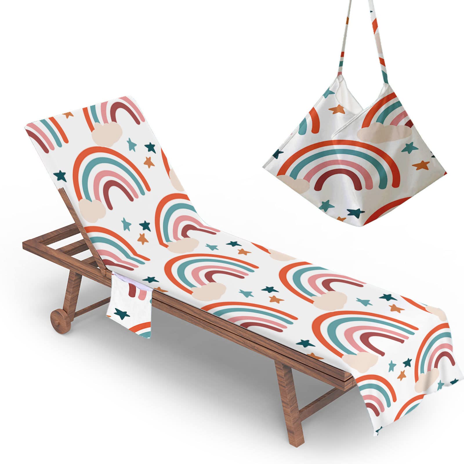 RRrawgff Sun Lounger Beach Towel with Pockets, Rainbow Pattern Beach Lounger Towel Beach Chair Cover Towel Fitted Microfiber Sunbed Towel Sun Lounger Towels for Summer Vacation (Star)