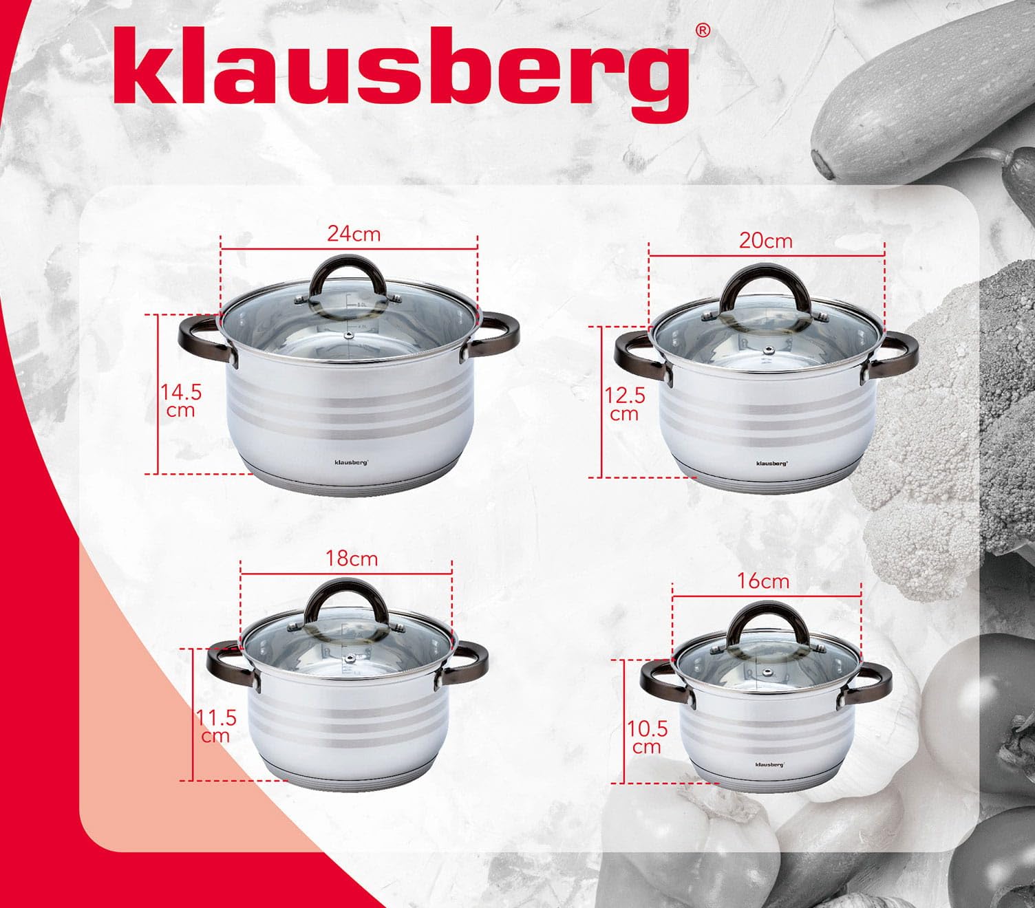 8-teilig Edelstahl Kochtopf Set Topfset mit Glasdeckel Topfe Induktion KLAUSBERG KB-7701