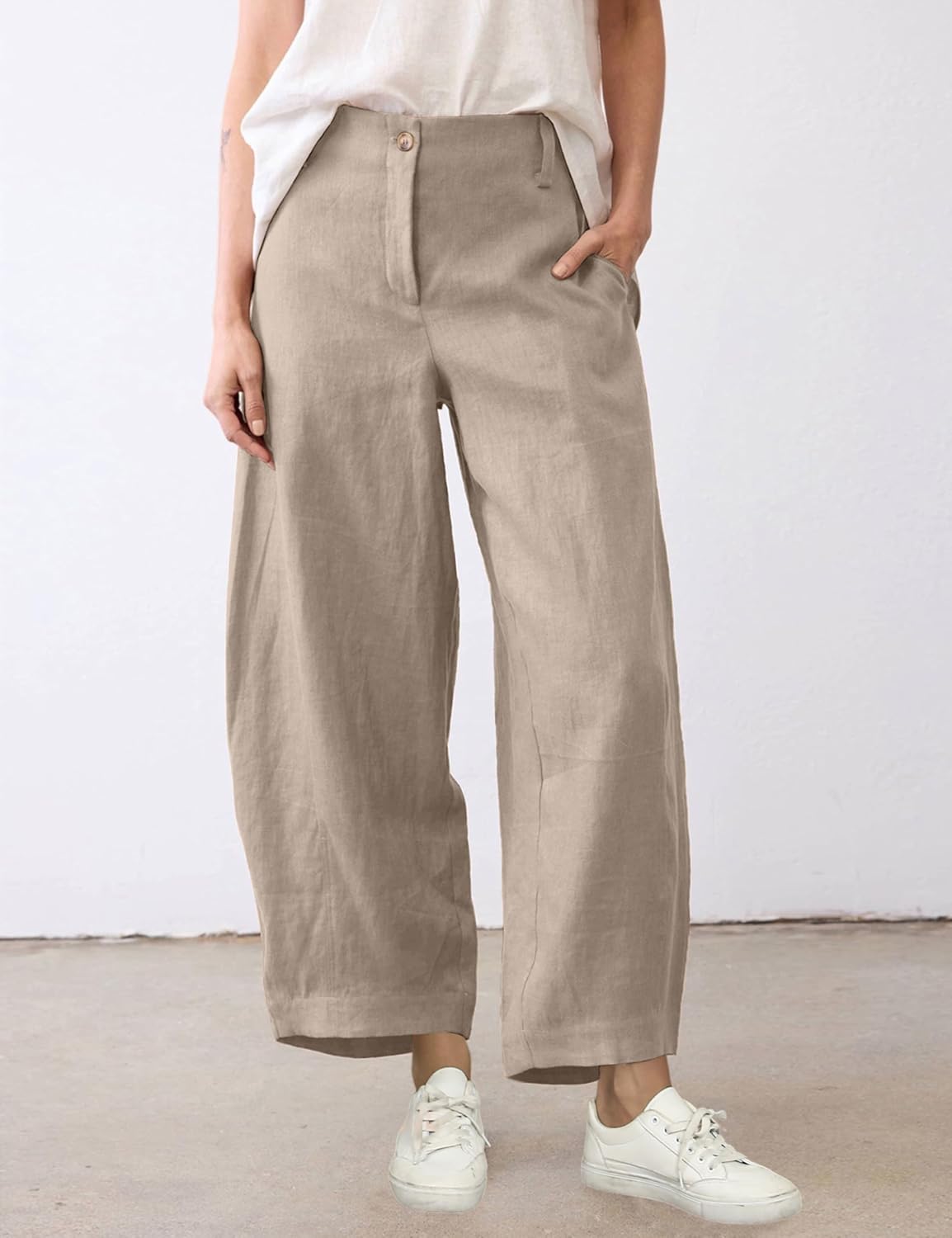 Athlisan Womens Linen Barrel Pants Casual Baggy Wide Leg Palazzo Trousers Summer Beach Capri Pants - Image 3