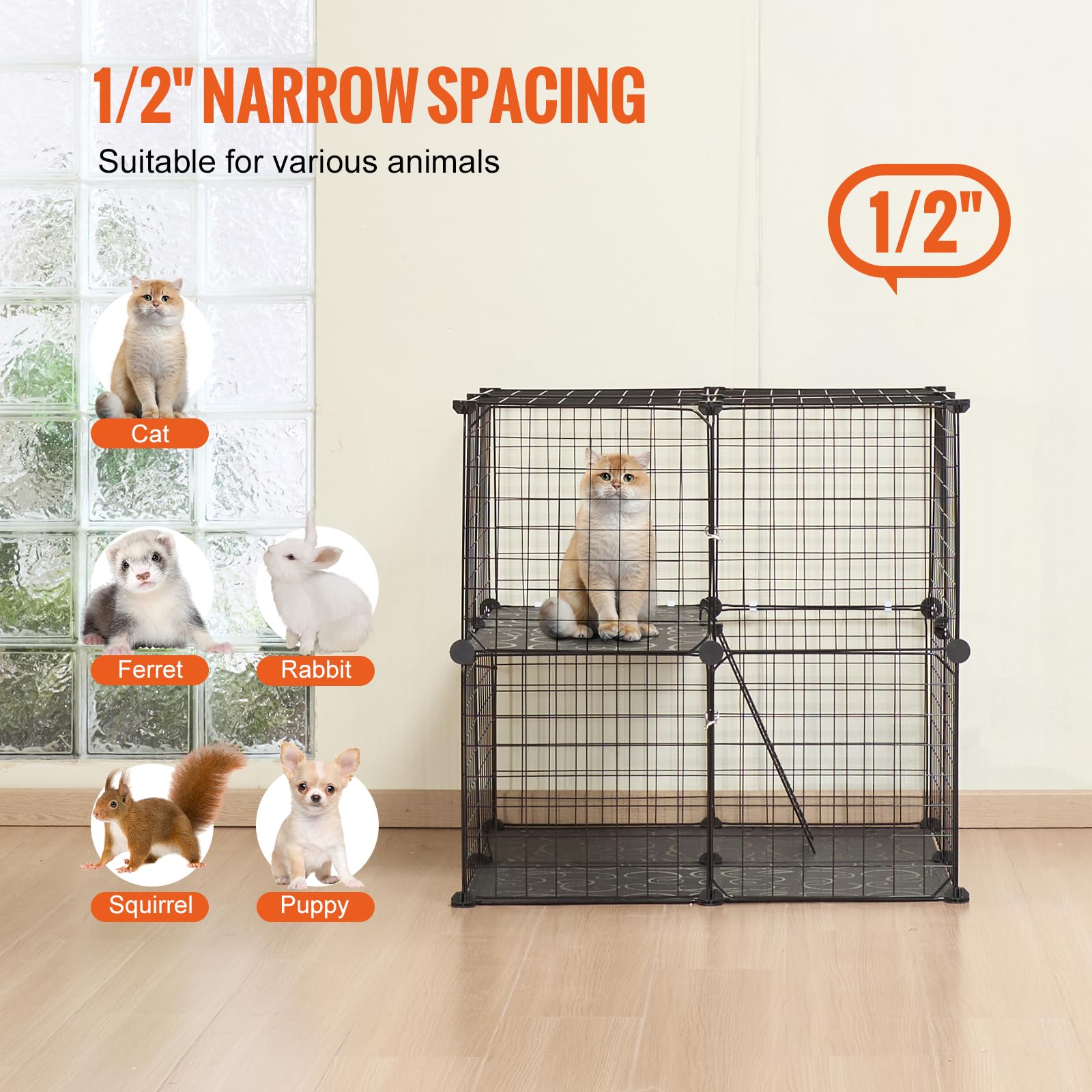 VEVOR Cage Chat 2 Niveaux, Grand Enclos Chats Fil Métallique Modulable à Monter, avec Échelle, Plate-Forme de Repos Réglable, Espace d'exercice Extérieur Intérieur pour Petits Animaux, 711x711x711 mm
