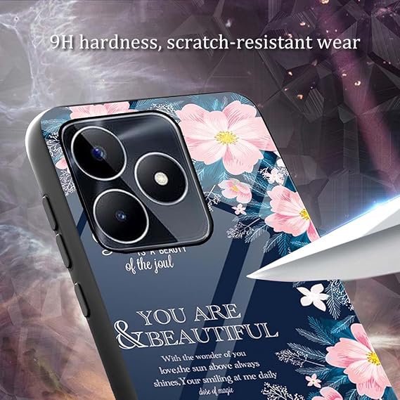 SEAHAI Case for Realme C53 / Realme C51, Ultra Thin Elegant Painted Pattern Tempered Glass Hard Back & Soft Silicone TPU Bumper Hybrid Shockproof Cover, Moonlight Song