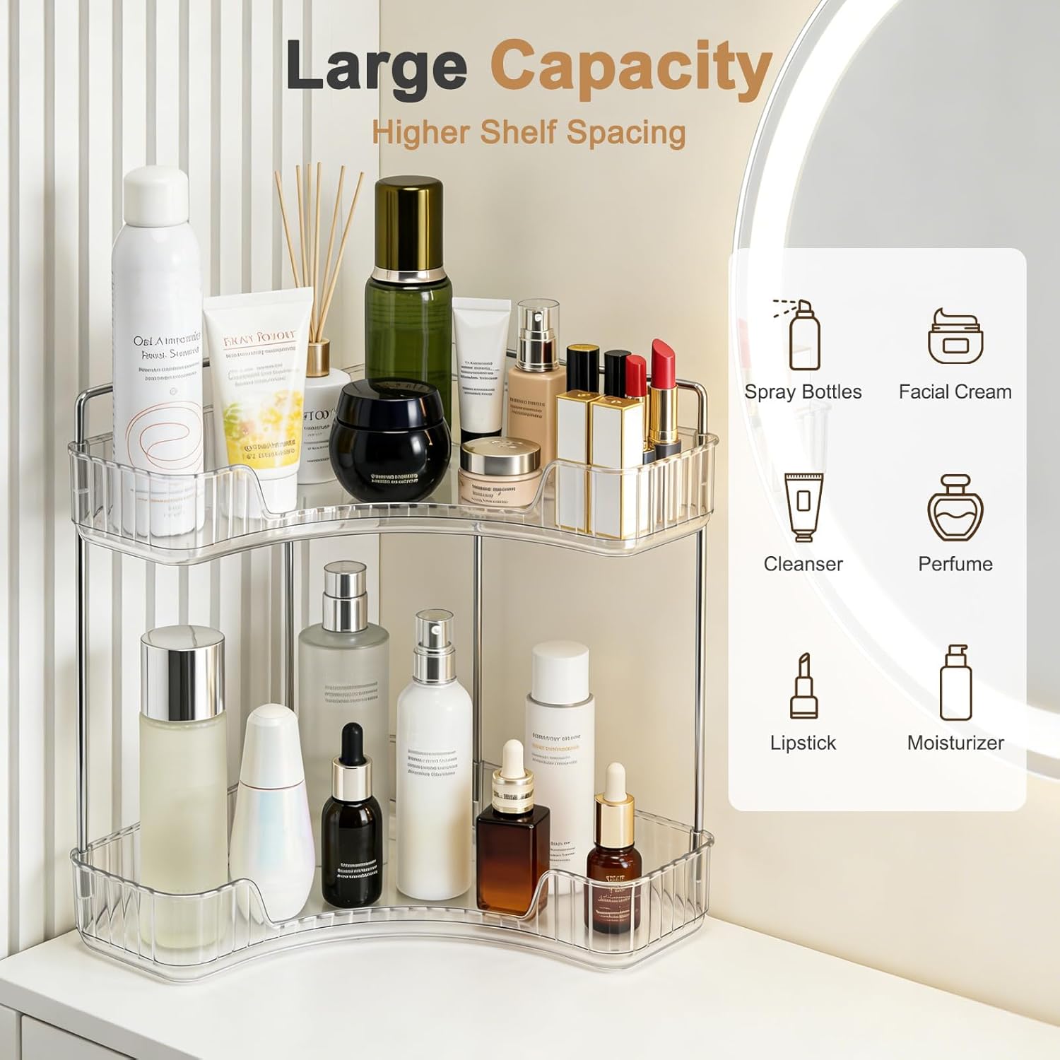Corner Bathroom Counter Organizer, Vanity Organizer - Countertop Corner Shelf for Makeup Storage,Spice Racks for Kitchen Corner (Clear, 2-Tier)