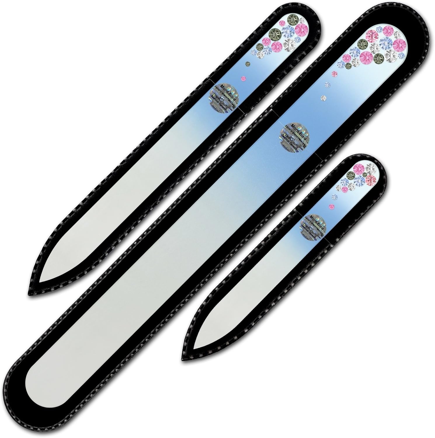 Mont Bleu Set of 3 Glass Nail Files Hand Decorated with Crystals - Handmade Gifts - Czech Tempered Glass - Crystal Nail Files for Natural Nails - Premium Nail Filer Kit