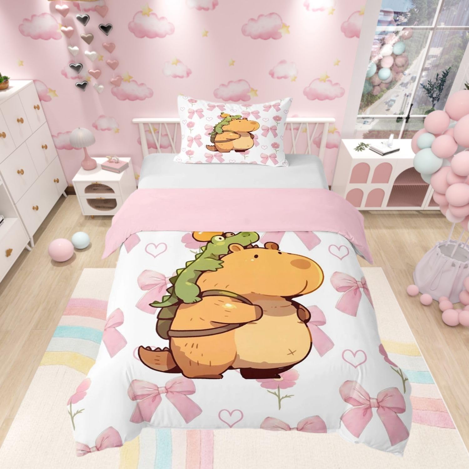 Homewish Kids Cute Capybara Duvet Cover Set Girls Cot Bedding Pink Bows - Cartoon Capybara Crocodile Animal Print Quilt Cover with Pink Reverse Kawaii Bowknot Floral Bed Set - 1 Pillowcase — image 1