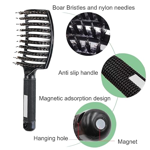 Miniatura 2 de Beikalian Cepillo desenredante para cabello húmedo, cepillo desenredante para cabello rizado, grueso, liso, cepillo de cerdas de jabalí, cepillos