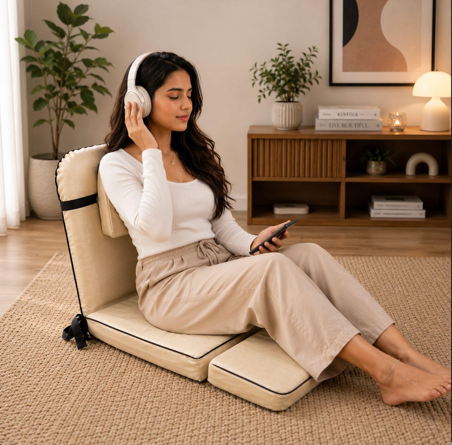 Kawachi Advance Portable Foldable Relaxing Meditation Yoga Chair with Back Support for Adults & Kids, for Study, Reading, Pooja, Floor Seating Foldable Backrest Chair for Living Room, Bedroom – Beige 1