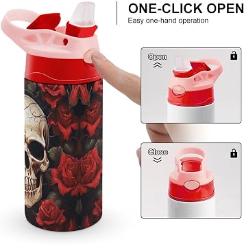 Stainless Steel Tumbler with Straw Skull Rose-Red Print Durable Thick Base Spill Proof Lid Perfect for Outdoor Adventures Daily Commutes