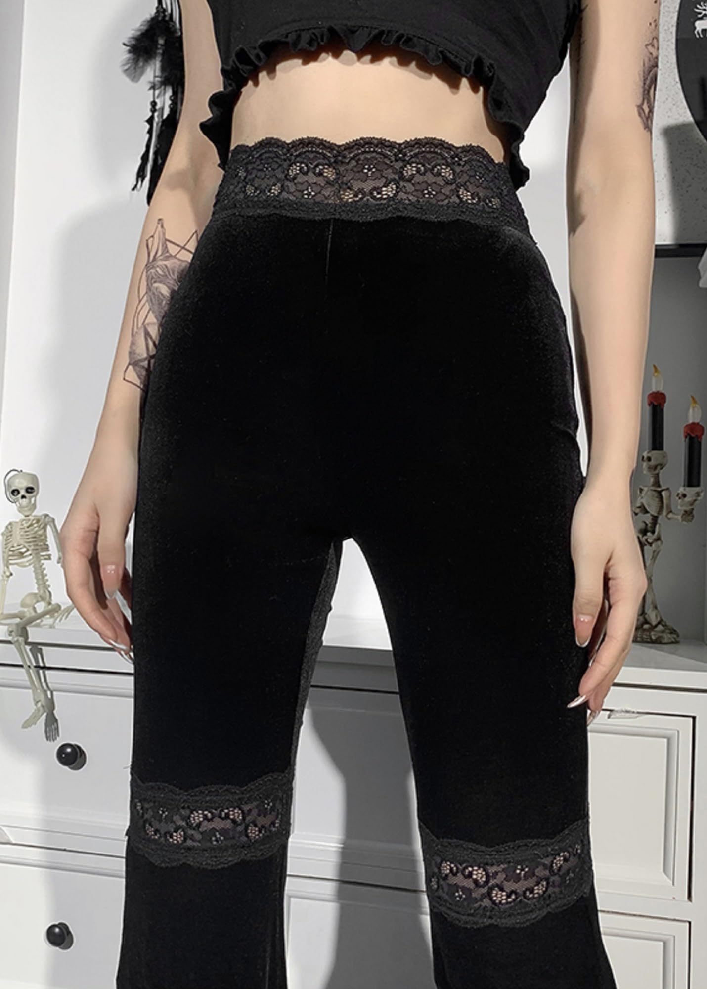 Pantaloni da donna in velluto gotico vintage midi vita pantaloni punk grunge harajuku pantaloni a gamba larga Y2K Emo Alt pantaloni
