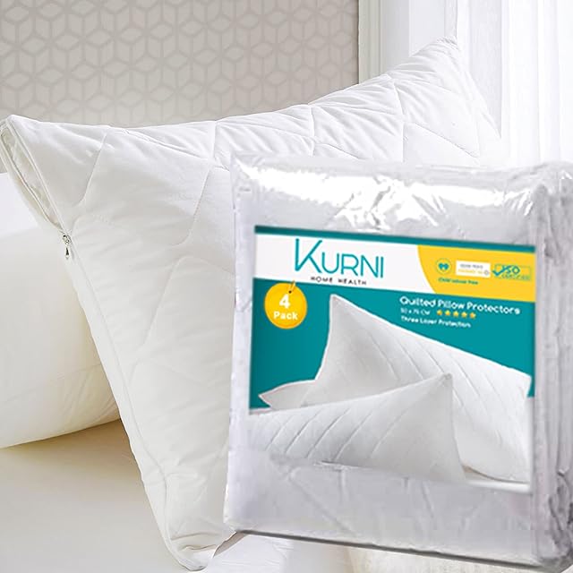 KURNI ® Pillow Case Protectors Zipped, White, Pack of 4 Pillow Cases, Hypoallergenic With Soft Breathable Fabric - Size - Quilted Pack of 4 (50 x 75 cm)