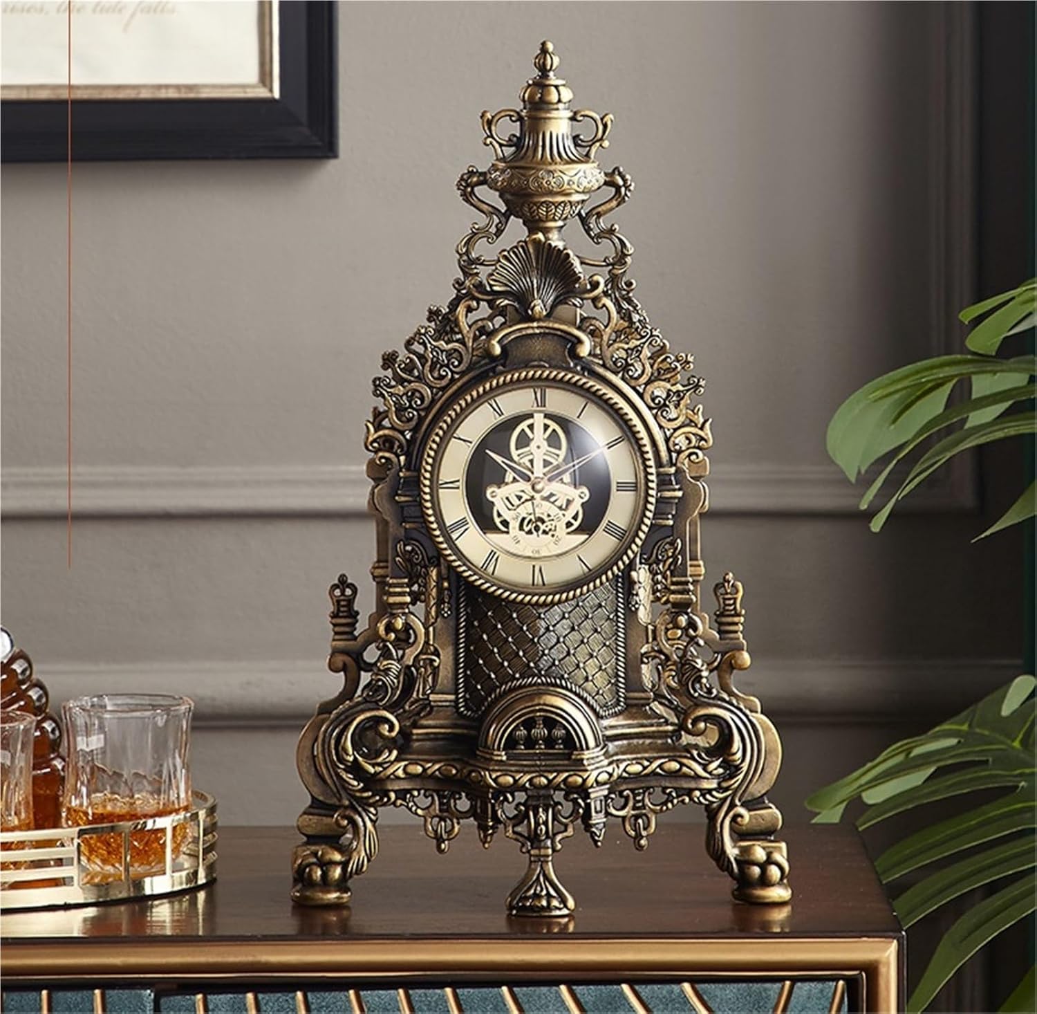 Mantel Clock Desk Clock Semi-Mechanical Retro Desk Clock Vintage Tabletop Clock for Home Living Room Decoration Table Clock for Mantlepiece (Bronze 27x12.5x47cm)
