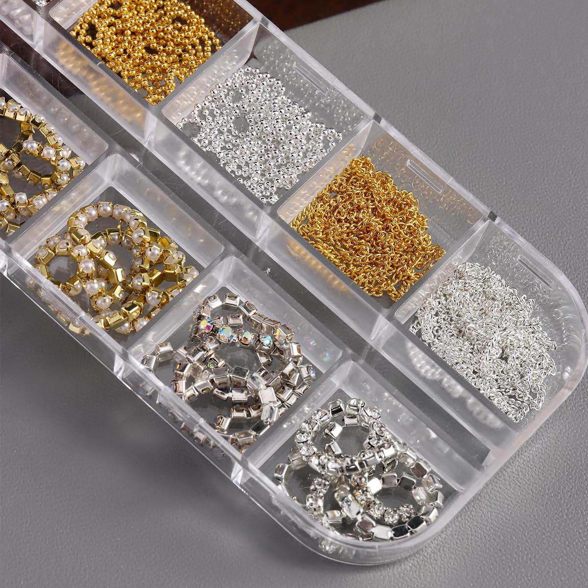 12 Strips Nail Chain Charms, Metal Bangle Nail Art Chains 3D Gold Silver French Diamond Pearl Caviar Bead Nails Art Charms Line Nail Studs Charm for Women Design Nails Manicure Accessories