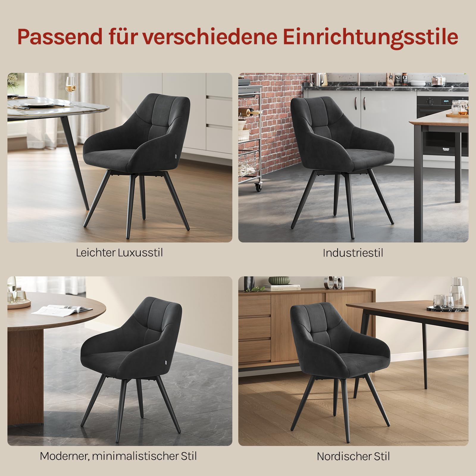 WOLTU Drehbare Esszimmerstühle 4er Set, Küchenstühle mit Armlehen | Bezug aus Samt, Metallbeine, für Wohnzimmer Küche Esszimmer, Schwarz