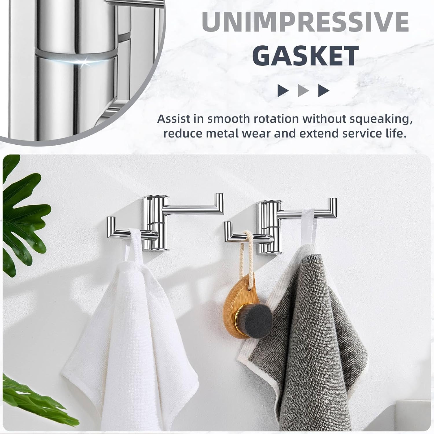 Suyar Swivel Towel Hook with 2 Arms, SUS304 Stainless Steel Coat Robe Holder for Bathroom Kitchen RV, Heavy Duty Wall Hook, Polished Chrome, 2 Pack