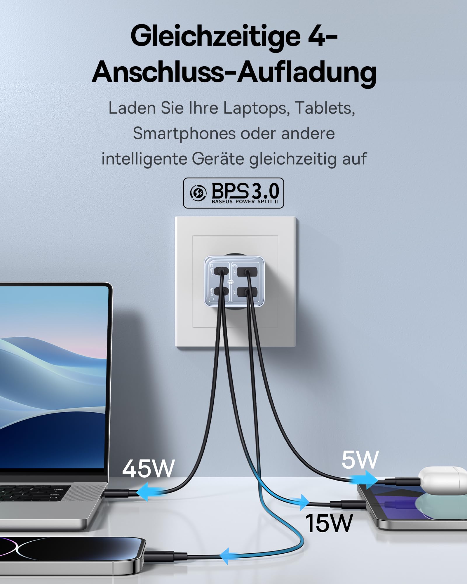 Baseus 65W Caricatore USB C GaN 6 Tech, Caricabatterie USB, Alimentatore USB C Compatibile con MacBook Air/Pro, Surface, iPhone 15/14/13, iPad, Samsung Galaxy S23 Ultra/S23+/S22, Pixel, Blu