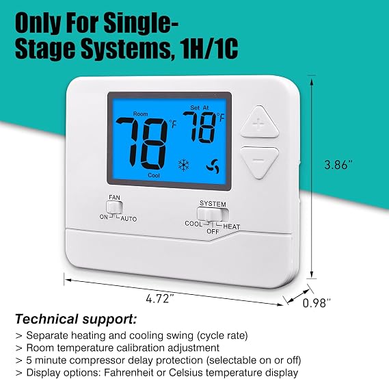 Suuwer Non-Programmable Thermostats for Home 1 Heat/1 Cool Conventional Single-Stage Systems (Blue Backlight)