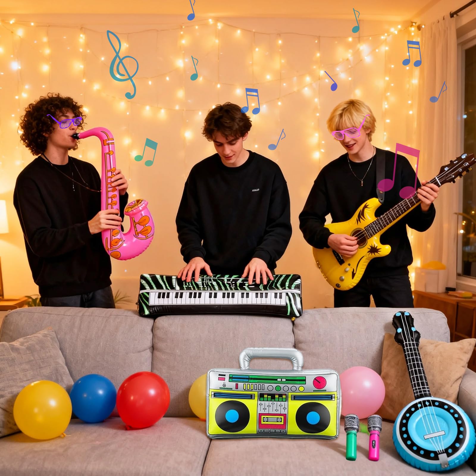 Juego de 23 accesorios inflables para fiestas, juego de instrumentos inflables, guitarra inflable para niños, micrófono de saxofón pipa, radio, teclado, gafas para decoración de fiesta de discoteca