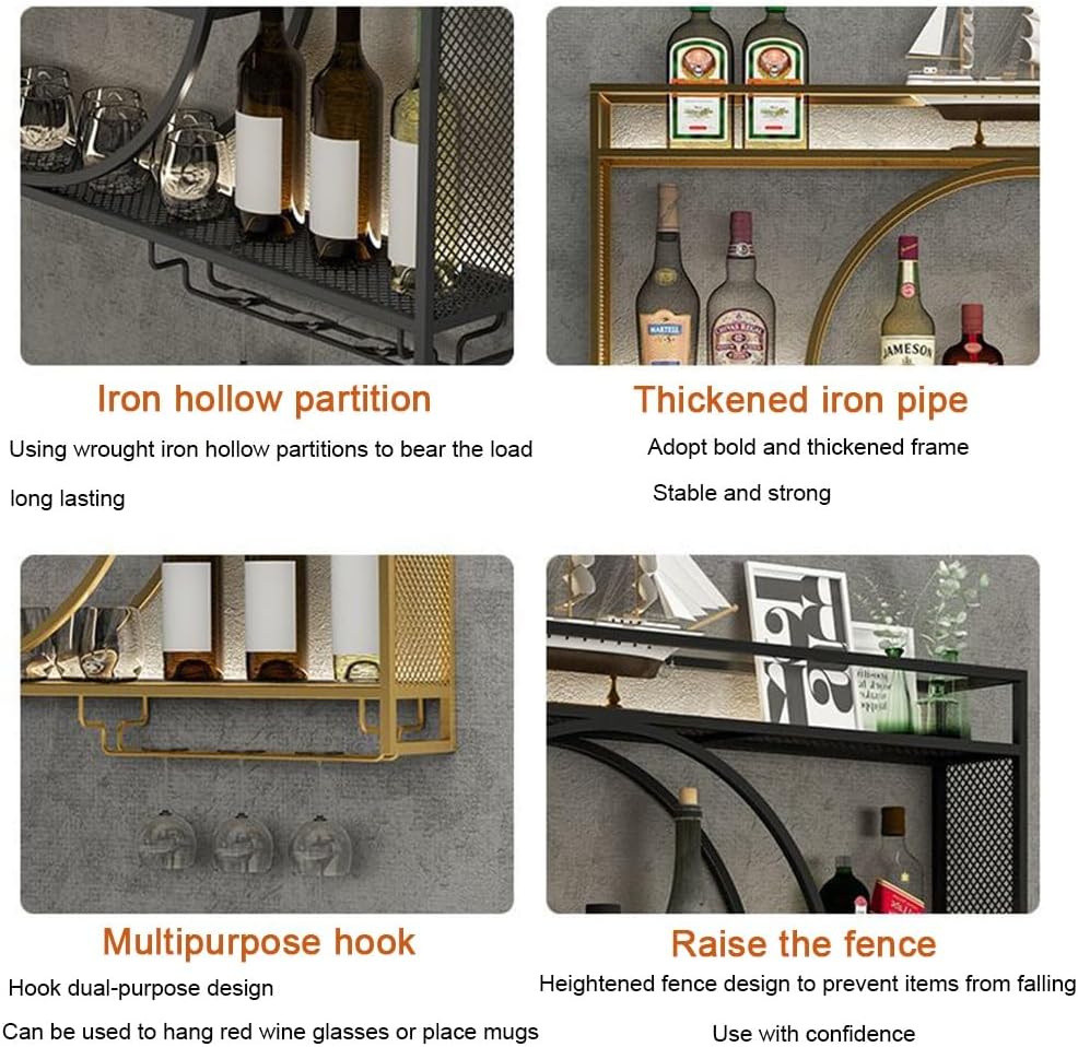 Metal Wine Display Rack with Floating Shelves for Home Bars Wall Mounted Wine Racks with Multi Functional Iron Bottle Holder (Gold 47.2x5.9x31.5in)