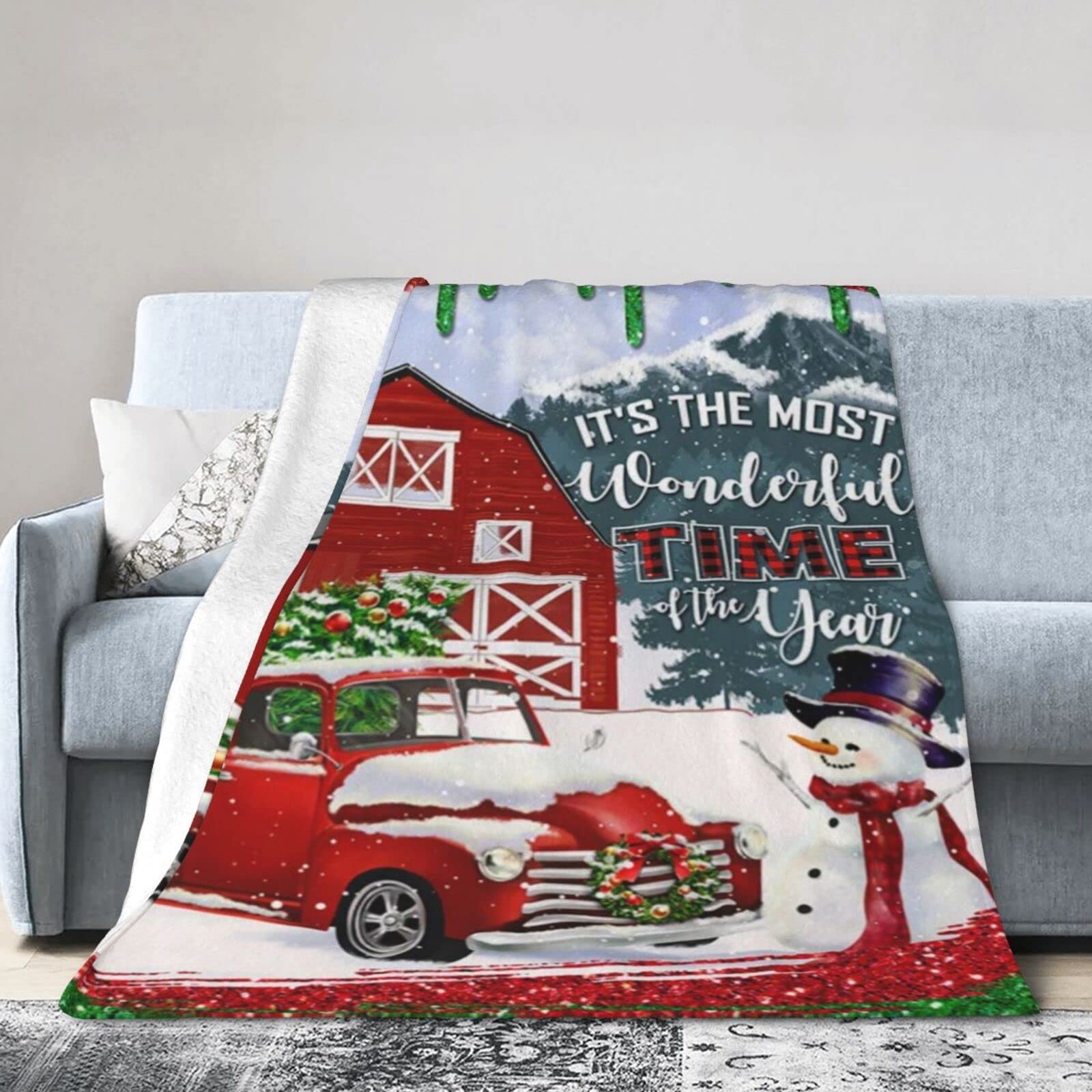 Lsjuee Christmas Flannel Fleece Blanket 80"X60" Red Truck It‘s The Most Wonderful Time Sofa Throw Blanket Lightweight Ultra-Soft Travel Winter Blankets for Womens Keep Warm