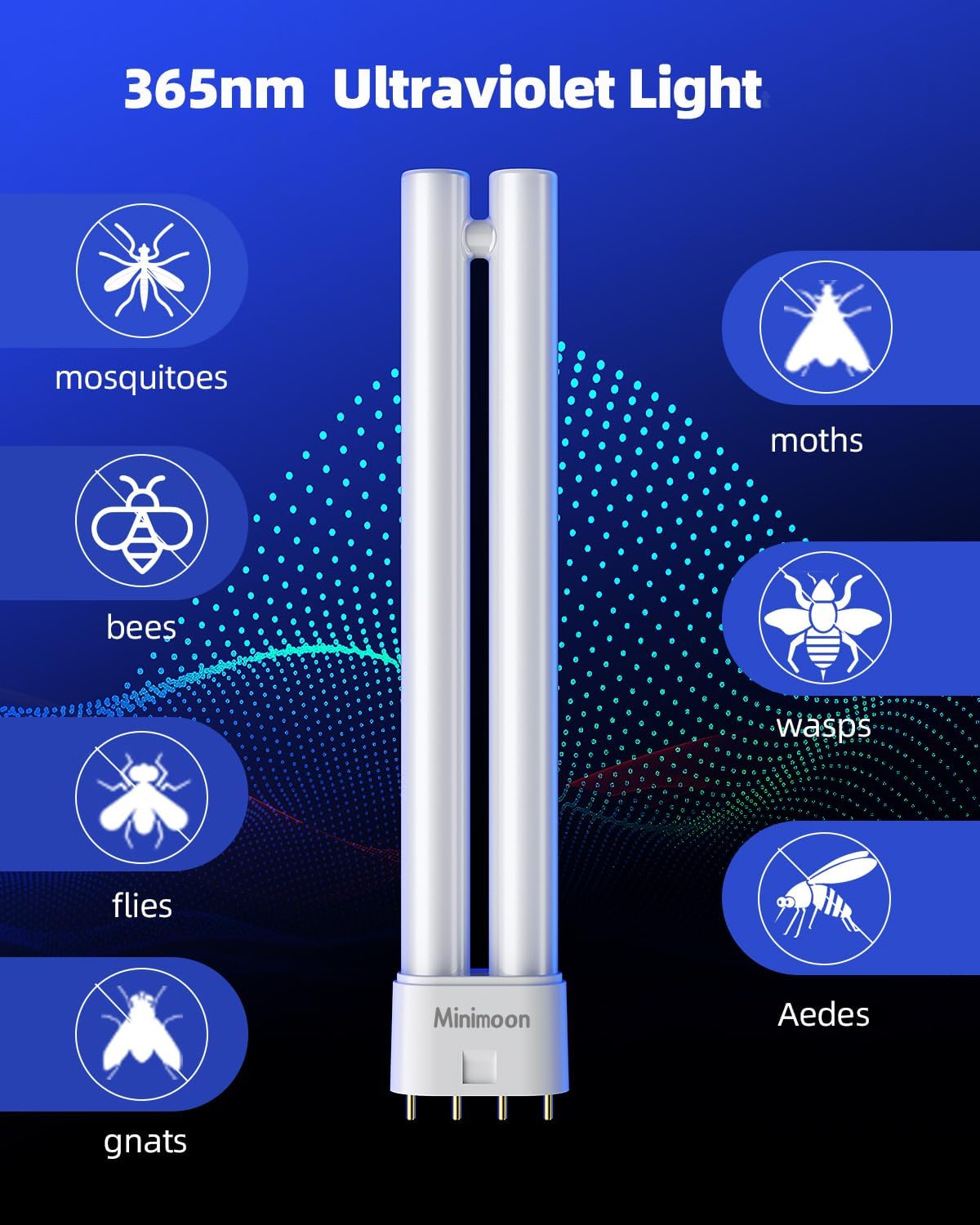 Minimoon 20W Replacement Bulb emitting 365nm Ultraviolet Light, attracting various insects