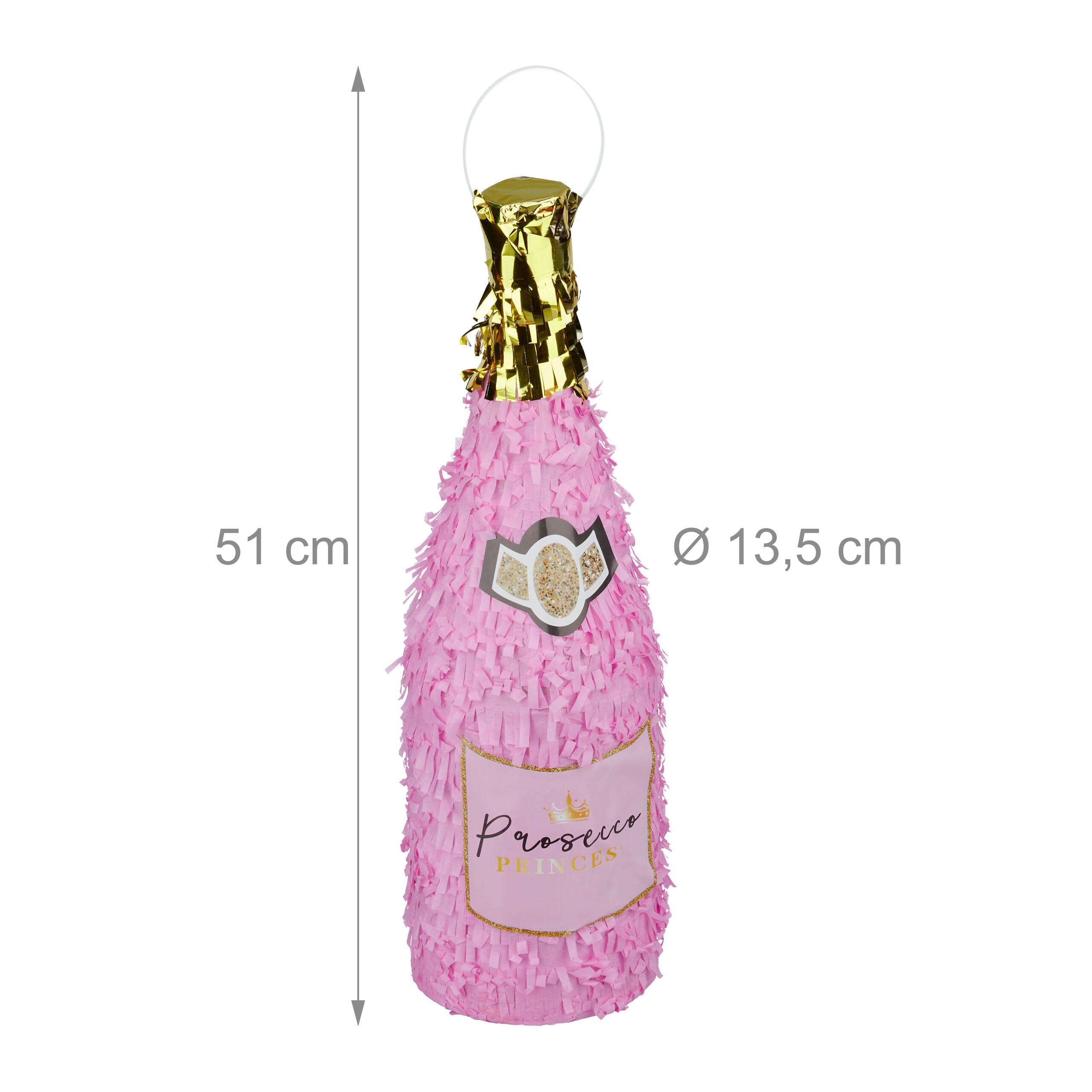Relaxdays Piñata Botella de champán Colgante para cumpleaños, Rosa y Dorado, 51x13.5x13.5 cm, con Palo y máscara