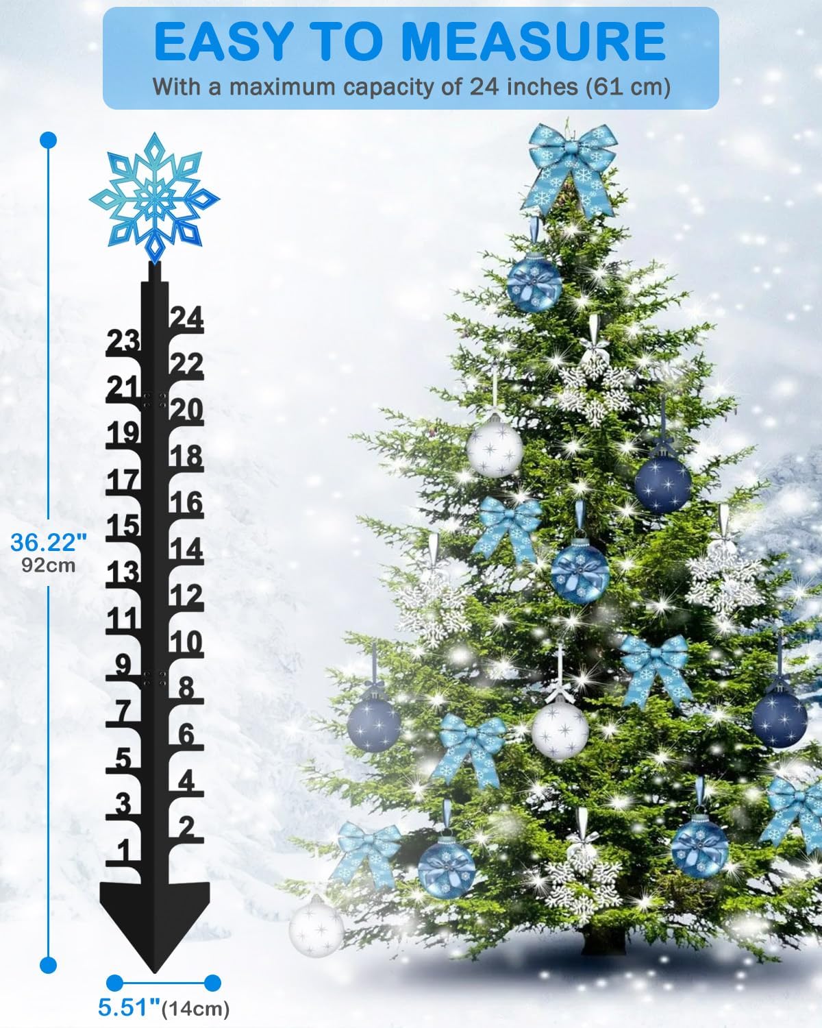 PACETAP Blue Snowflake Snow Gauge Outdoor Christmas Decorations, 24 Inch Iron Art Snow Measuring Stick, Winter Snowfall Measuring Gauge Yard Stake Snow Depth Measuring Device for Garden