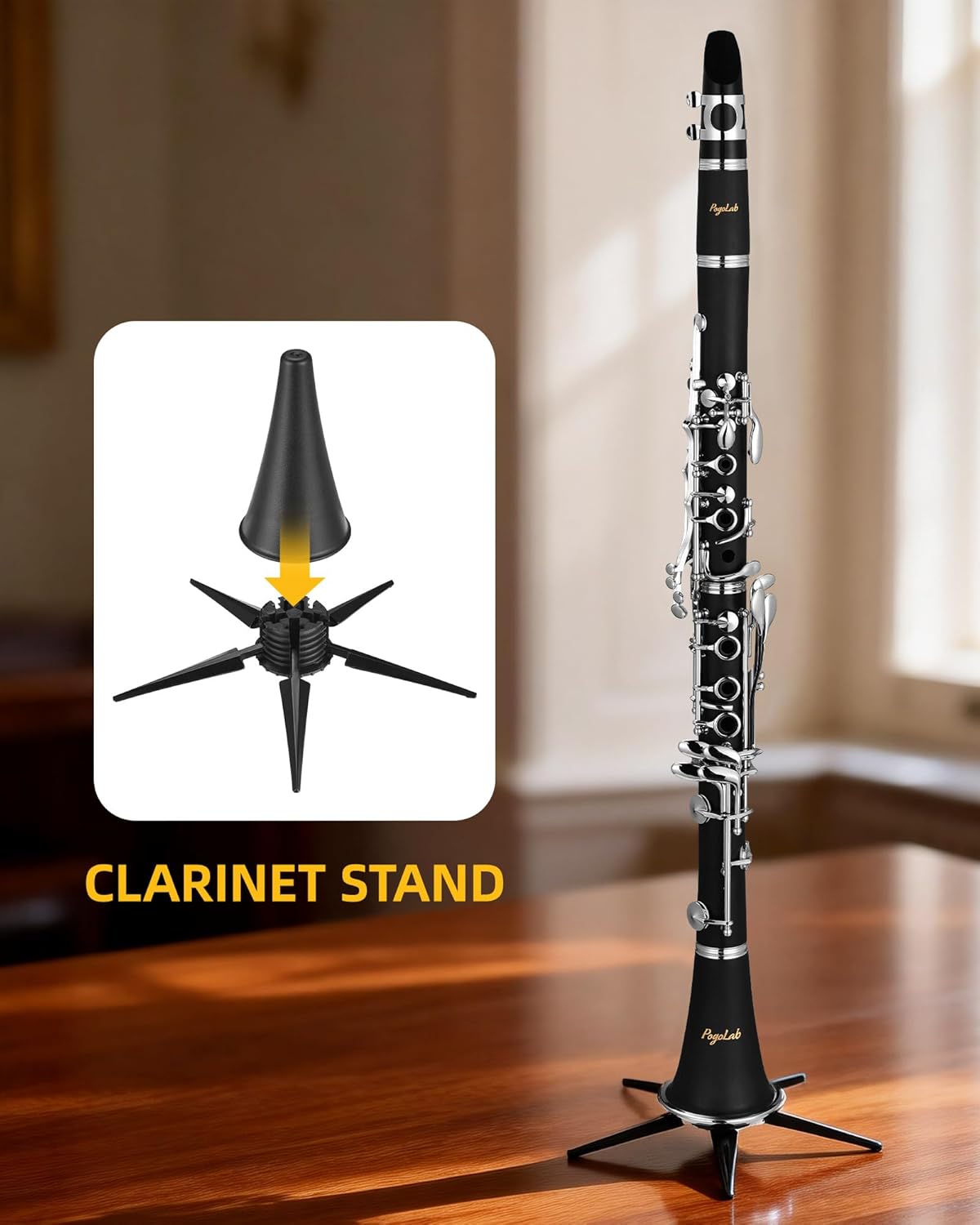 POGOLAB B Flat Clarinet, 17 Keys, ABS Material, Nickel-plated, with Carrying Case, Stand, 10 Reeds, Gloves and Cleaning Kit, for Students and Beginners