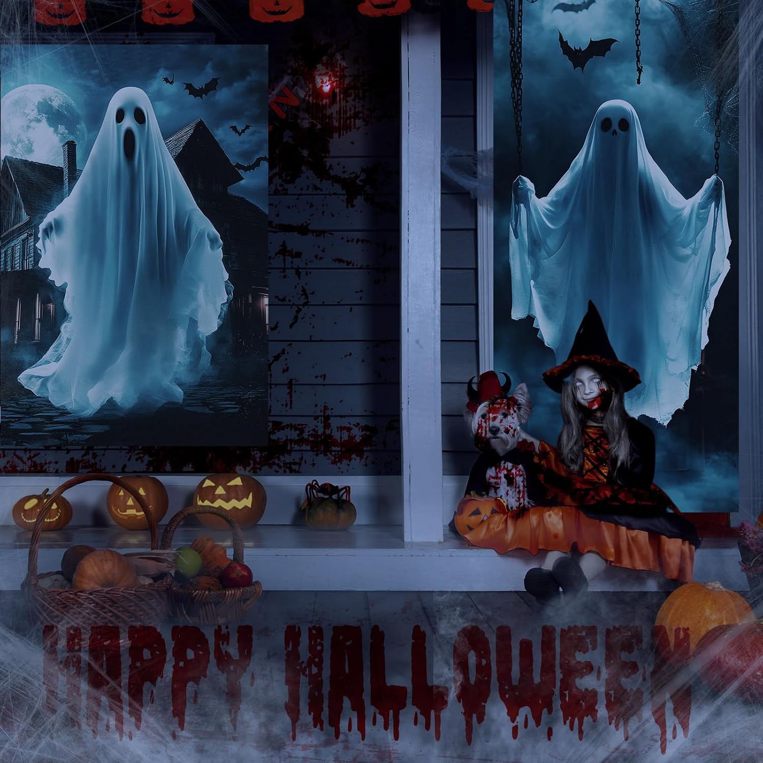 Fanfanwin 3 Pcs Halloween Door Window Cover Set Scary Decor, Ghost