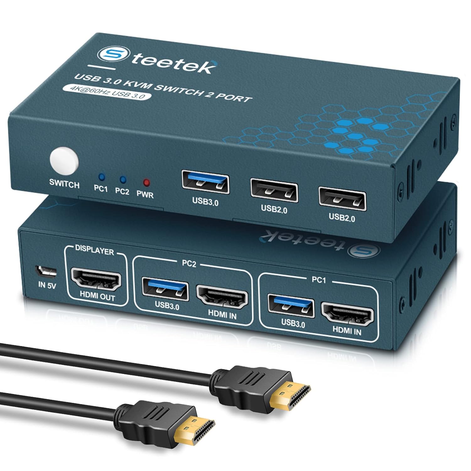 Steetek 2 Port HDMI USB 3.0 Kvm Switch, 2 in 1 Out Ultra HD 4K60Hz