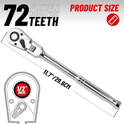 Miniatura 5 de Trinquete de cabeza flexible de 12 pulgada, rojo, acero Cr-Mo, longitud de 11.7 pulgadas