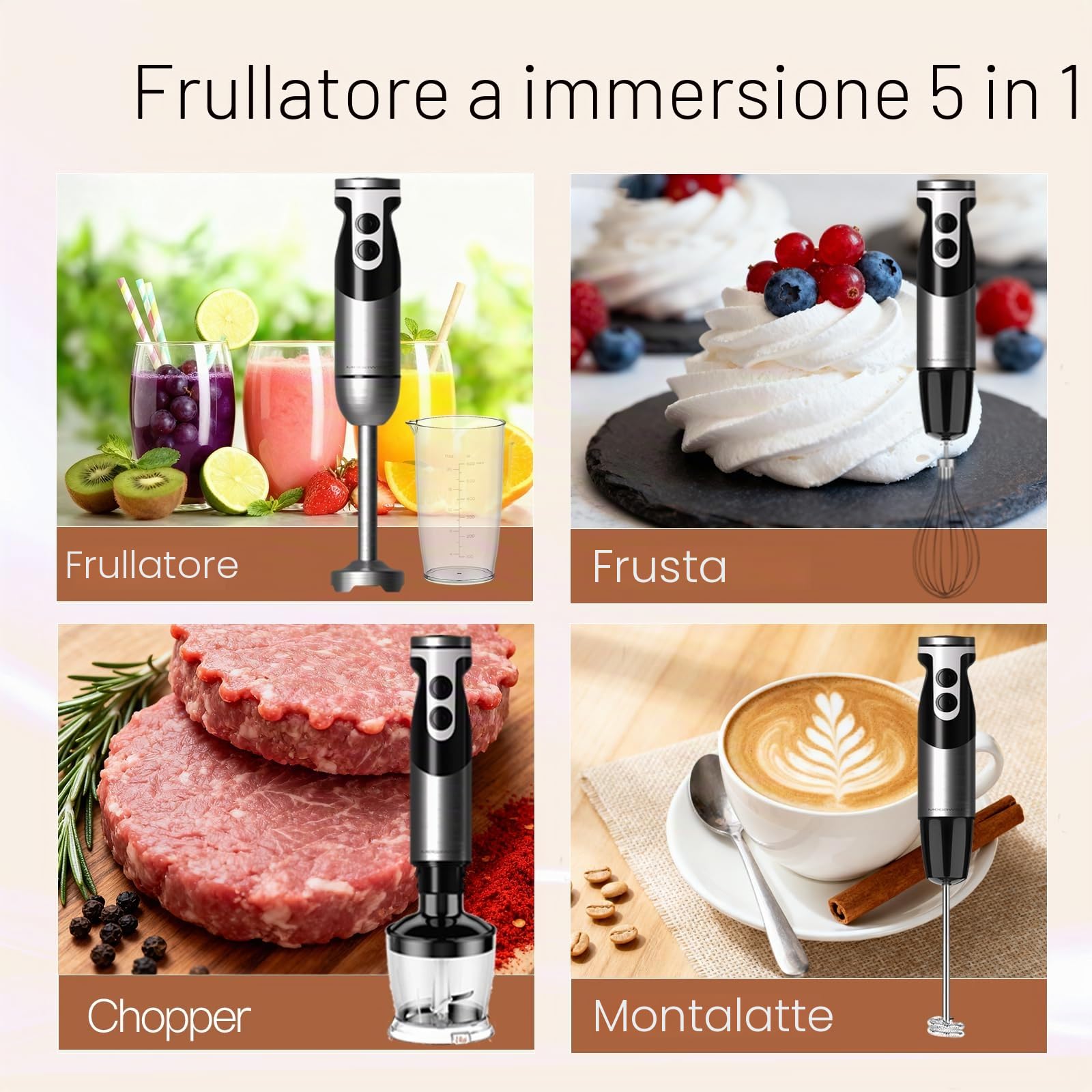 Frullatore a immersione MegaWise Pro Titanium Reinforced 5 in 1, potente 400 W con lame più affilate dell'80%, frullatore con cavo a 12 velocità (nero)