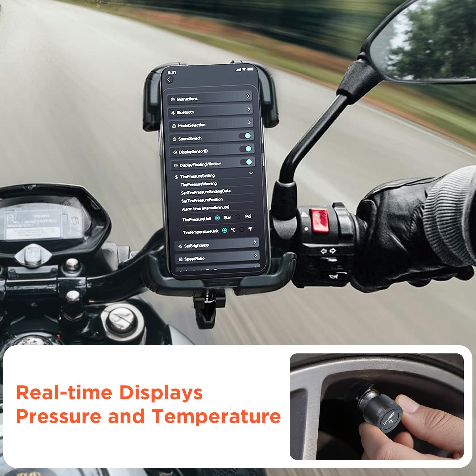 Sistema di controllo della pressione dei pneumatici con app, TPMS per moto con 2 sensori esterni, rilevatore di pressione e temperatura dei pneumatici senza fili, 0,1-7BAR/10-100PSI, supporta