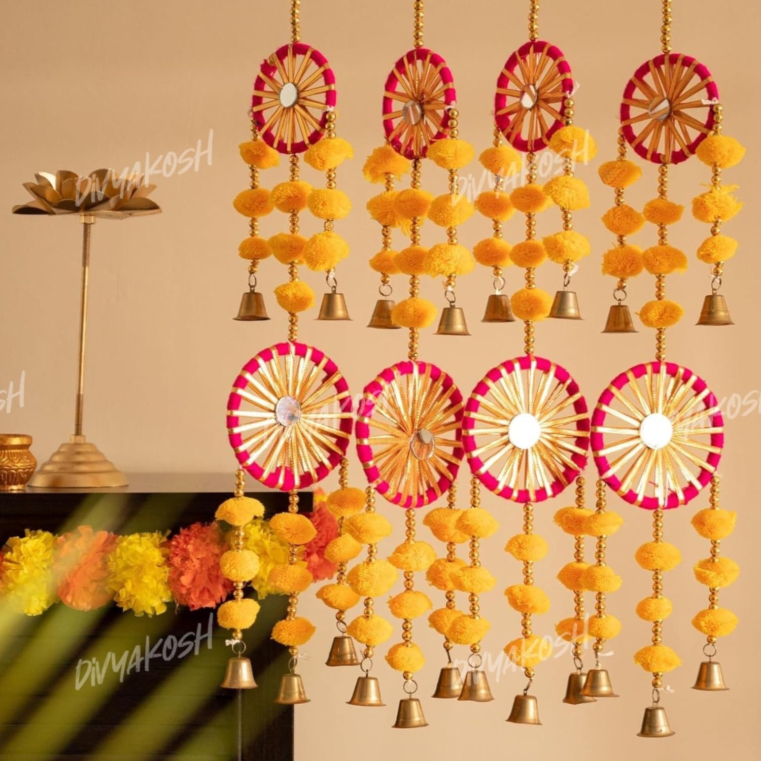 Divyakosh White Gajra Flowers with Pink Rose Multipurpose Wall Side Hanging Pack of 2 Strings, Artificial Flower Latkan for Temple|Diwali Pooja Door Décoration - 28 Inch