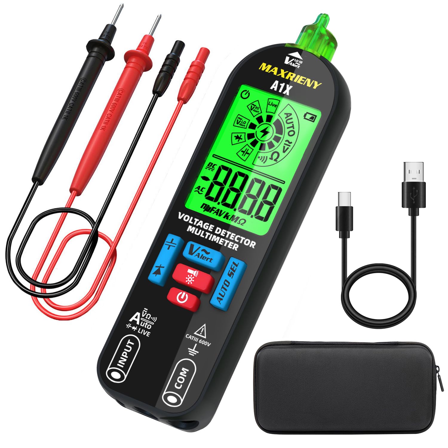MAXRIENY Smart Digital Multimeter, Rechargeable with Red & Green Backlight, Pocket Electrical Voltmeter Capacitance Diode Continuity Resistance V-Alert Live Check AC DC Voltage Tester with Flashlight