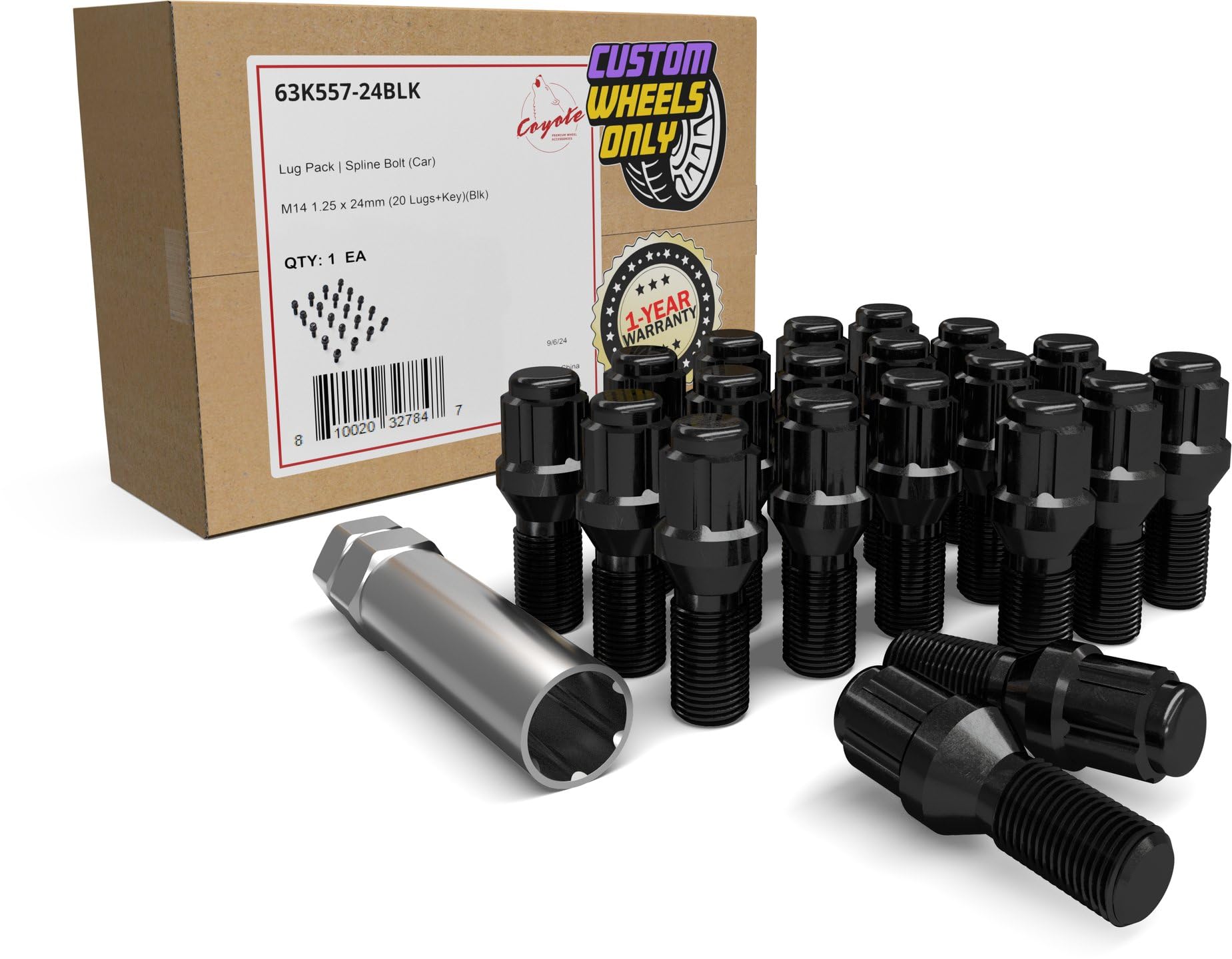 Wheel Accessories Parts 20 Pcs Lug Bolt Set M14 x 1.25 Thread Acorn Seat Lug Bolts Black Finish 24mm Shank Length 6 Spline Car fits Mini Cooper