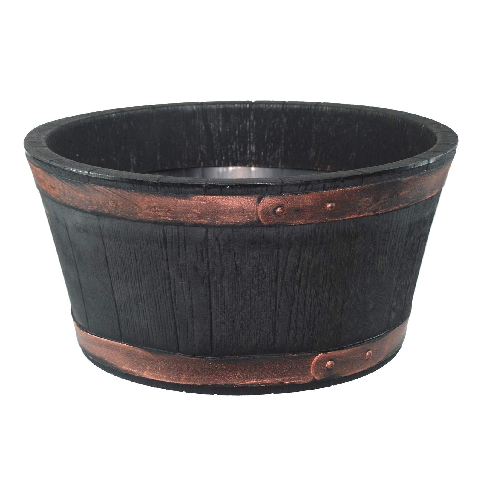 simpa Oakwood Rustic Style Plastic Black Barrel Planter Pot - Single Pot - 25cm (H) x 49.5 (Dia) - Ideal for Indoor & Outdoor Use.