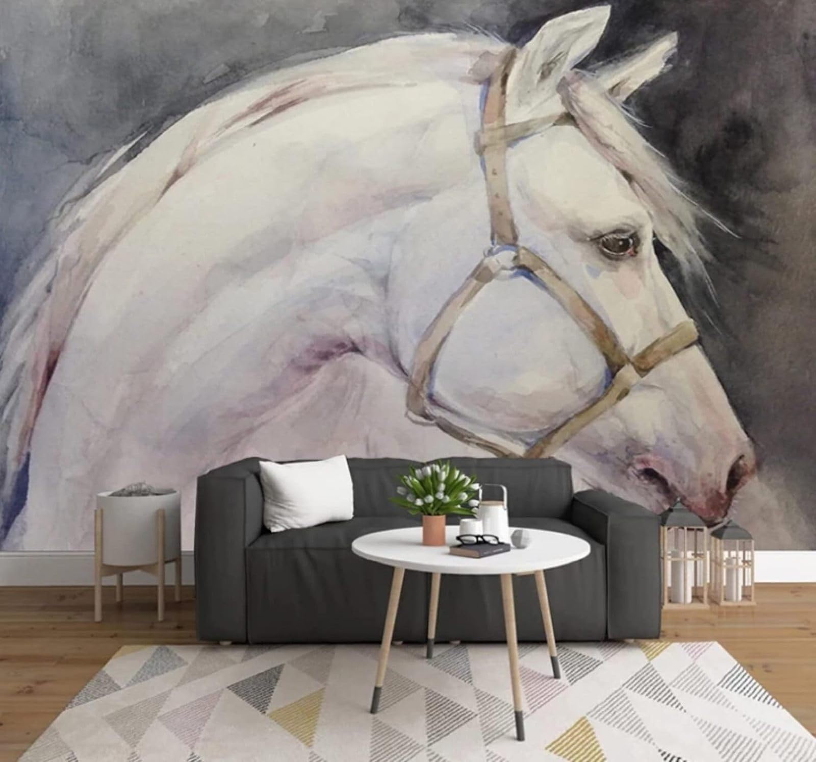 Wallpaper-3D-Xlm 200Cm×140Cm(B×H) Abstract Hand Drawn White Horse Art Unique 3D Wallpaper Easy Install Feature Office Living Room Sofa Bedroom Tv Background Wall Decoration-200Cm×140Cm