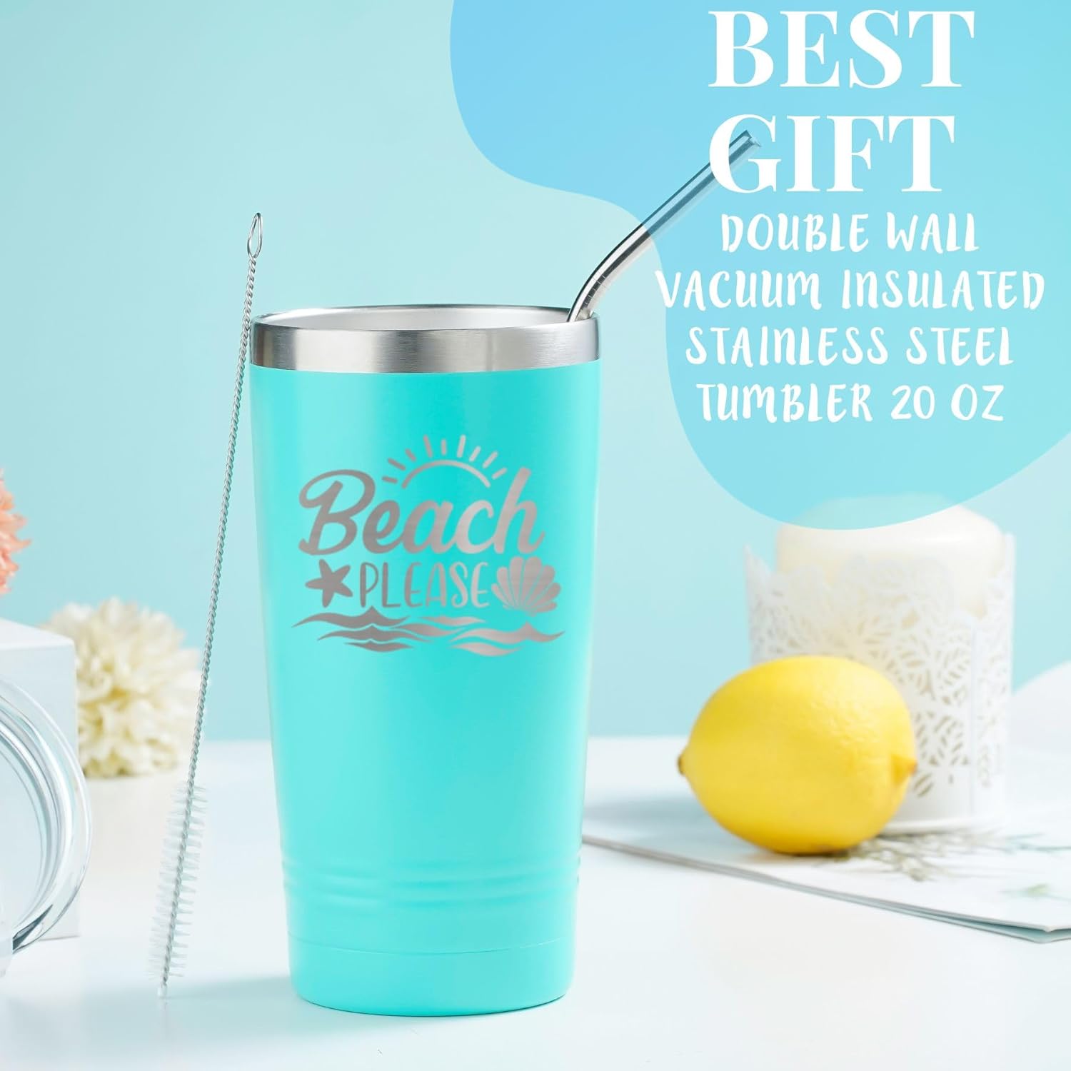 Onebttl Beach Gifts for Women or Men, 20oz Vacuum Insulated Stainless Steel Travel Tumbler with Lid, Beach Themed Gifts, Gifts for Beach Lovers, Blue (Beach Please) - Image 3