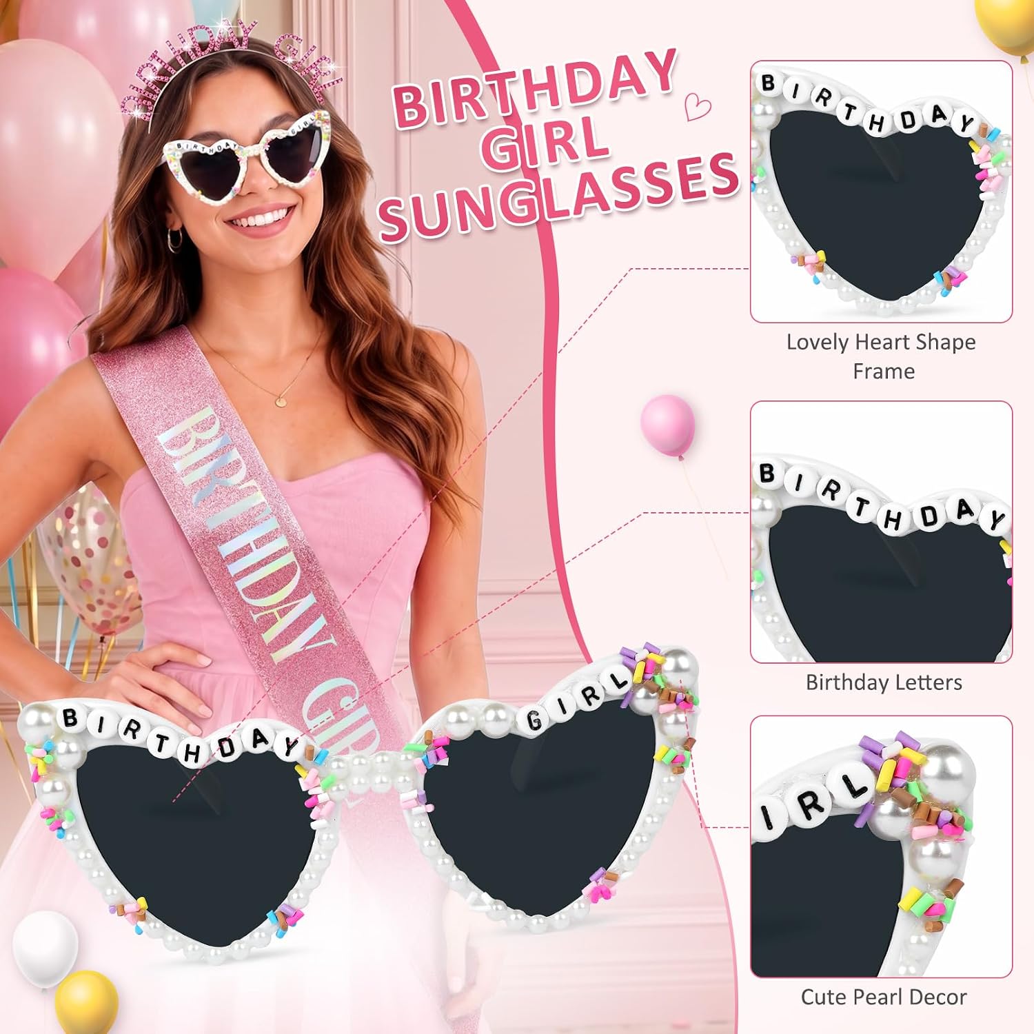 Birthday Girl Sash Sunglasses Headband Set, Birthday Baddie Sash Heart Sunglasses, Glitter Birthday Accessories for Women Girls Party Fun Outfits Gifts image 3