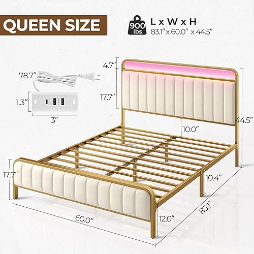 Miniatura 2 de Rolanstar Queen Size Bed Frame with LED Light and Charging Station, Upholstered Headboard and Footboard, Metal Slat, Noise Free, Easy Assembly
