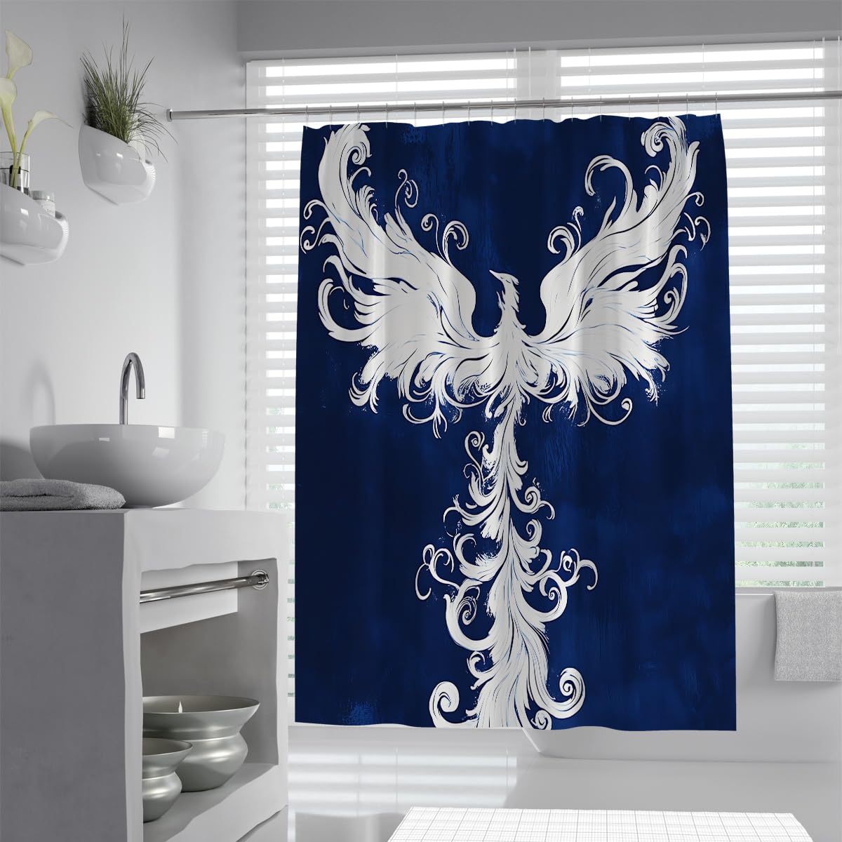 Emblème de l’Oiseau phénix Rideau de Douche Bleu foncé Totem Tribal Blanc décor de Salle de Bain Mythologie Abstraite Créature Rideaux de Baignoire imperméables W120xL200 cm