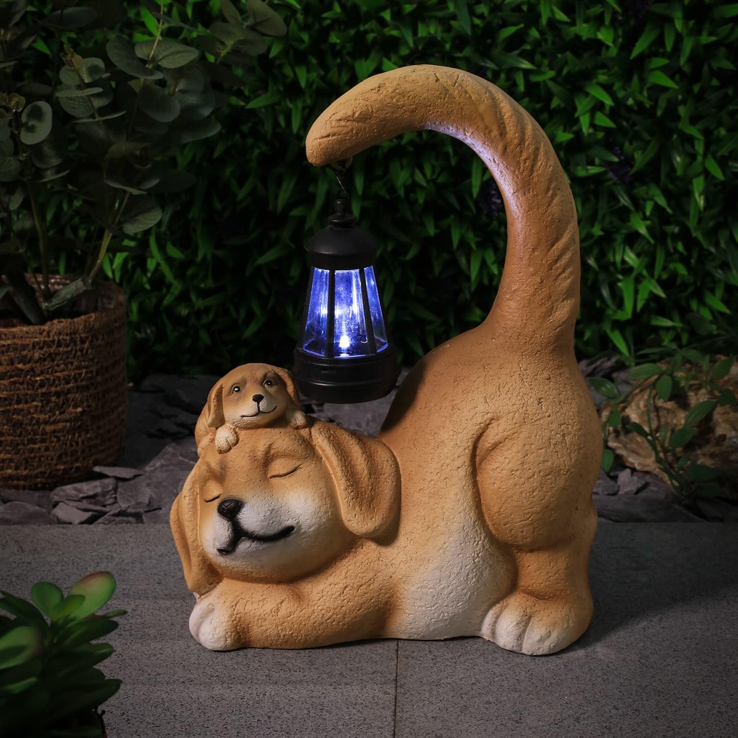 Bloomingtons Direct Brown Solar Powered Dog Garden Ornament With Hanging Lantern Decorative Light Dog & Puppy Statue Solar Powered Yard Lamp For Patio, Pathway Large Waterproof Figurine