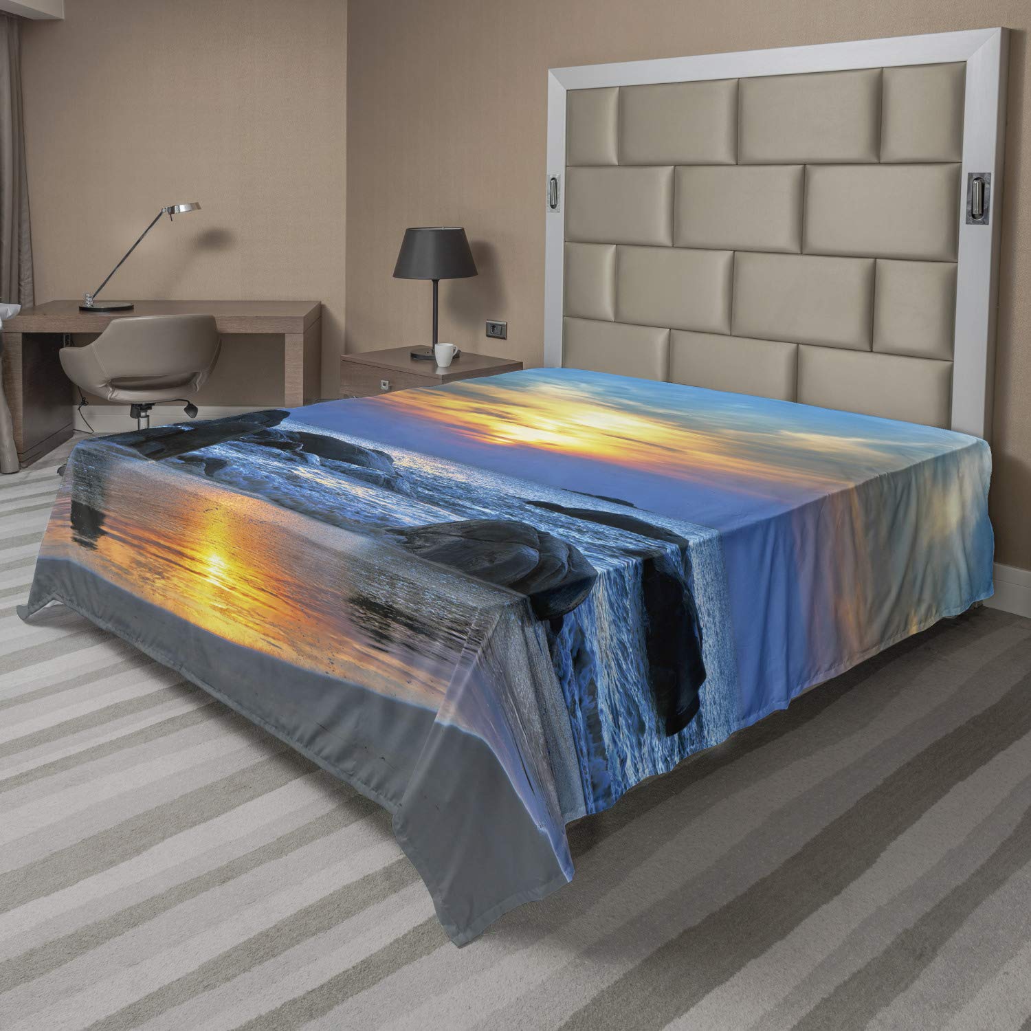 Ambesonne Beach Flat Sheet, Sunset Scenery in Sandy Beach with Rocks and Waves Lonely Peace Morning Dream Earth, Soft Comfortable Top Sheet Decorative Bedding 1 Piece, King Size, Blue Yellow